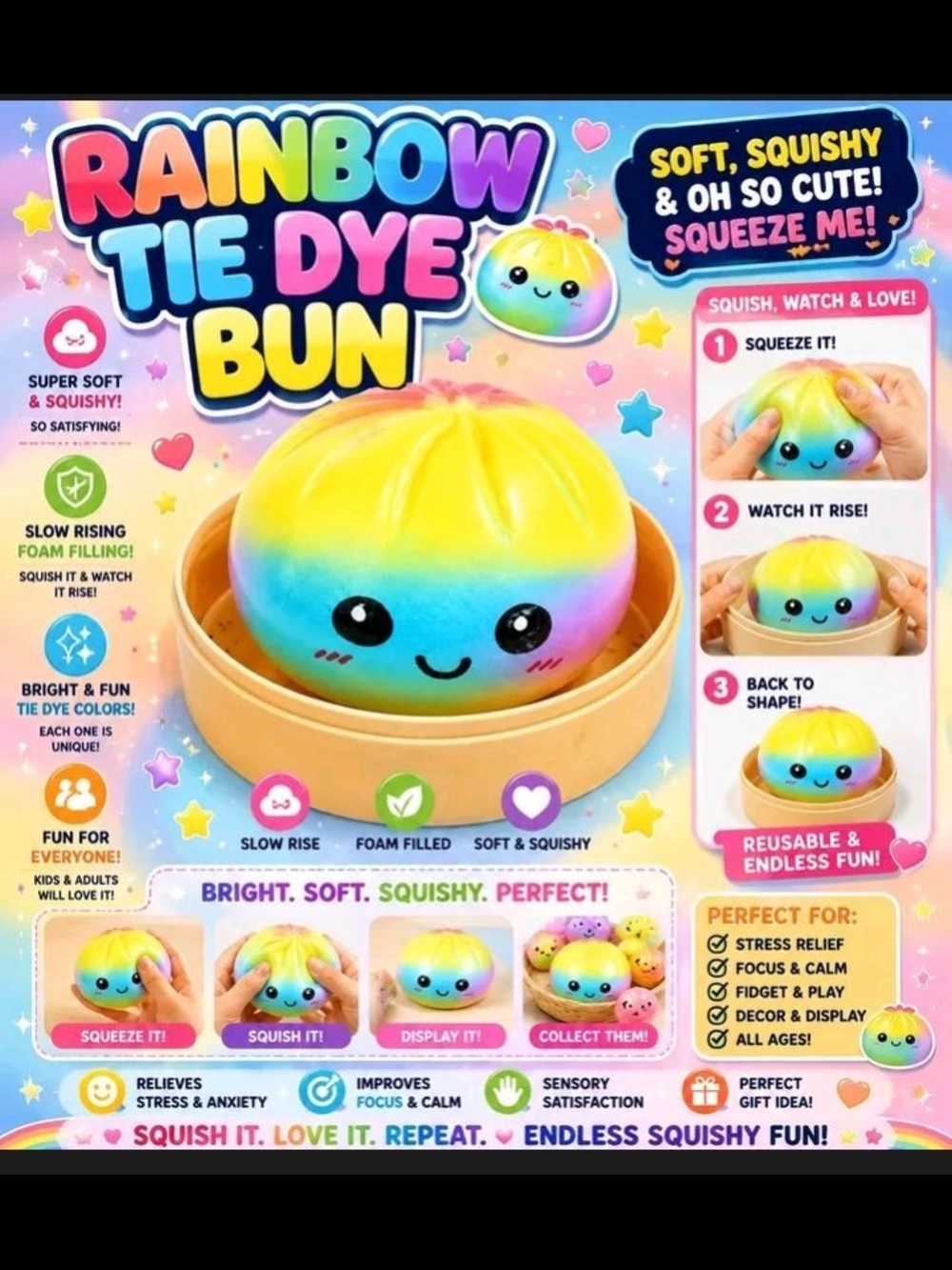 Rainbow Tie Dye Bun Squishy Toy - Multicolor